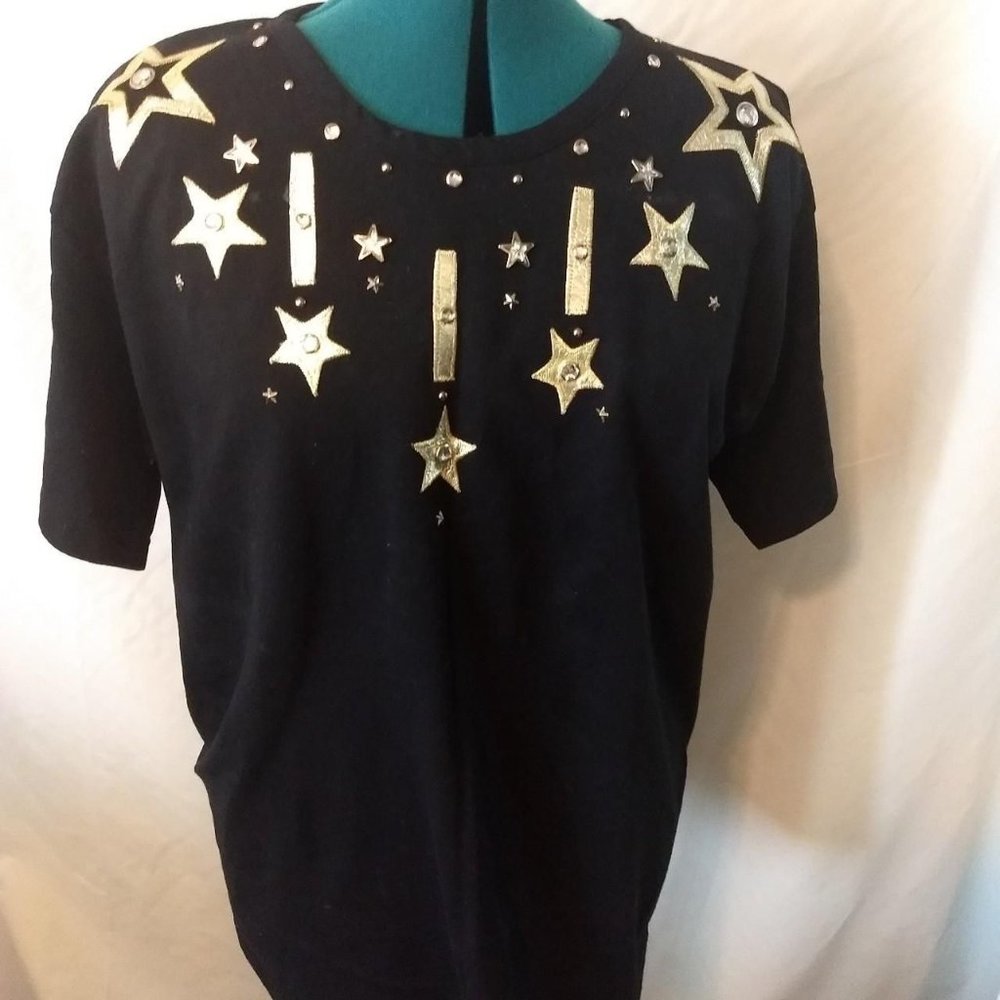 Vintage 1980s T Shirt Black Gold Bedazzled Sequin Large